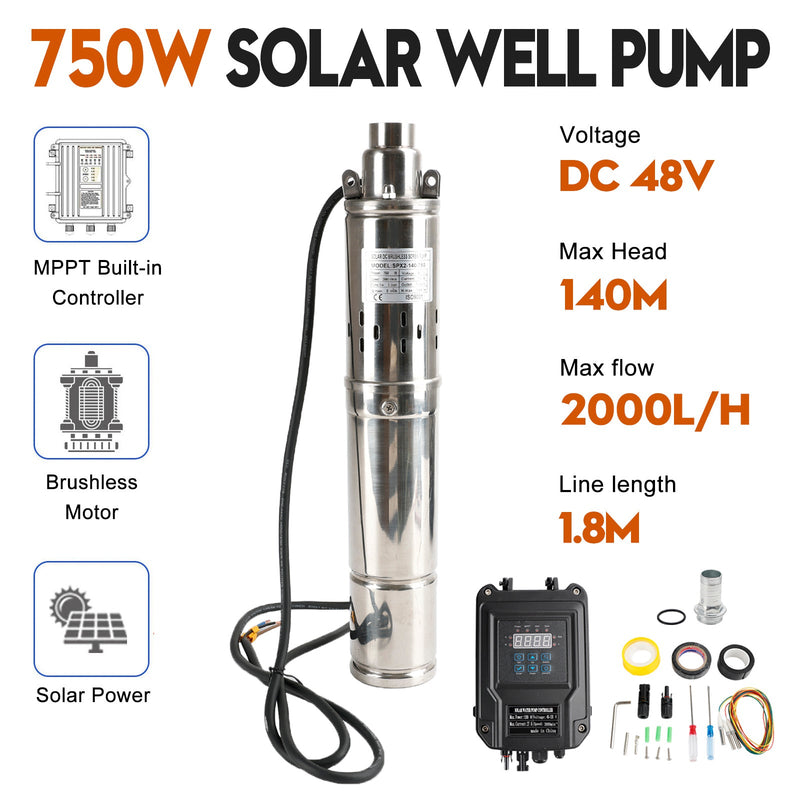 3" 48V 750W MPPT Skruv Solar Borrpump Dränkbar Djupa brunnshål Stål