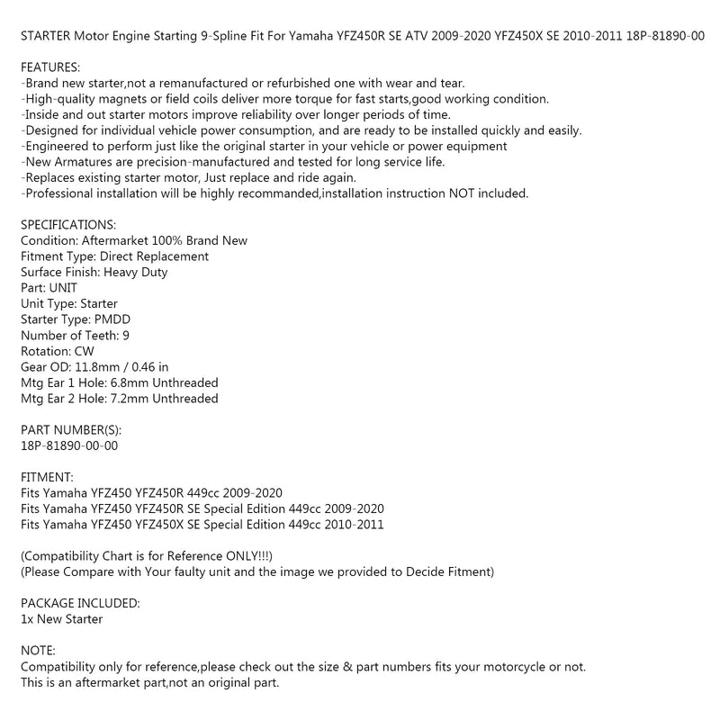 Motor de arranque adequado para Yamaha YFZ450R SE Edição Especial 449cc 2009-2020 18P-81890-00 Genérico