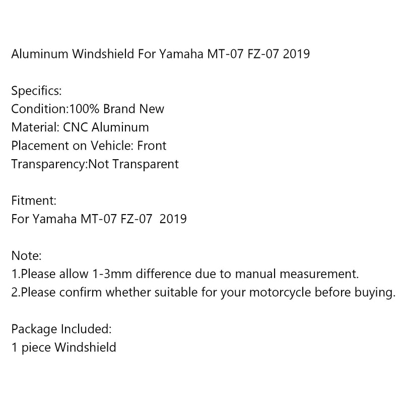 Aluminium vindruta för Yamaha MT-07 2018 2019 vindruta MT07 CNC deflektor Generic