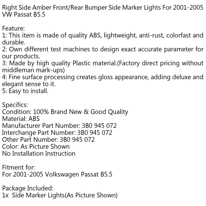 Luzes de marcação laterais do para-choque dianteiro âmbar direito para 2001-2005 VW Passat B5.5