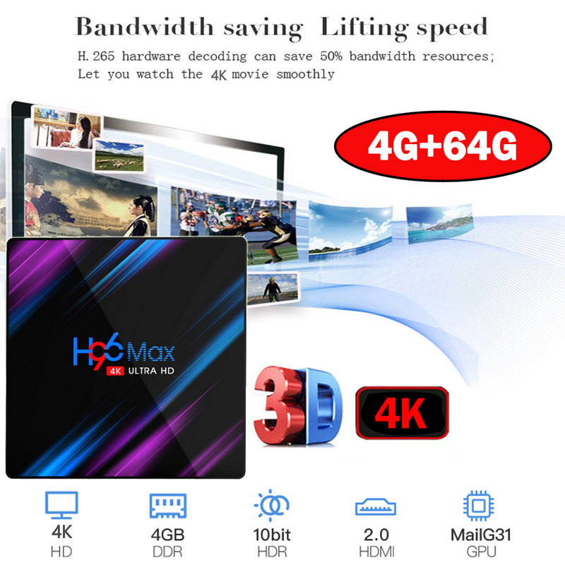 H96MAX Android 10 64GB ROM 4GB RAM 4K WIFI Nätverksmediaspelare TV-BOX EU-kontakt