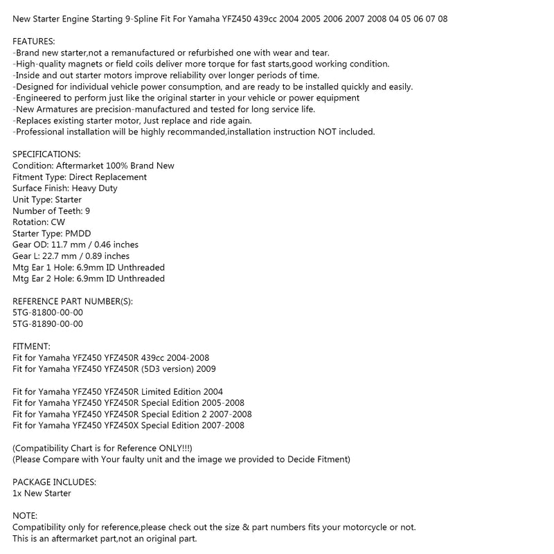 Novo starter apto para yamaha atv yfz 450 yfz450r le yfz450x se 2004-2008 07 06 05 genérico