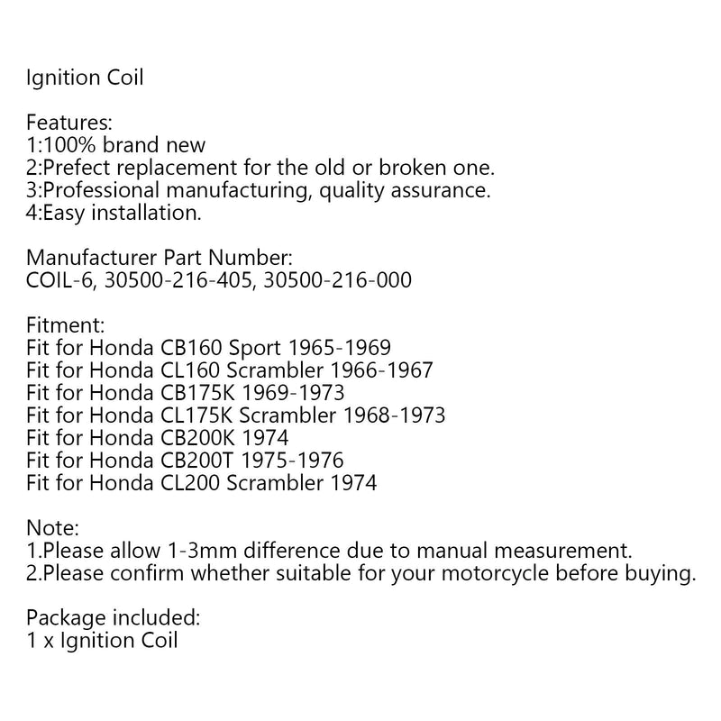 Modelos de bobina de ignição para Honda CB160 CL160 CL175 CL200 CB200 30500-216-000