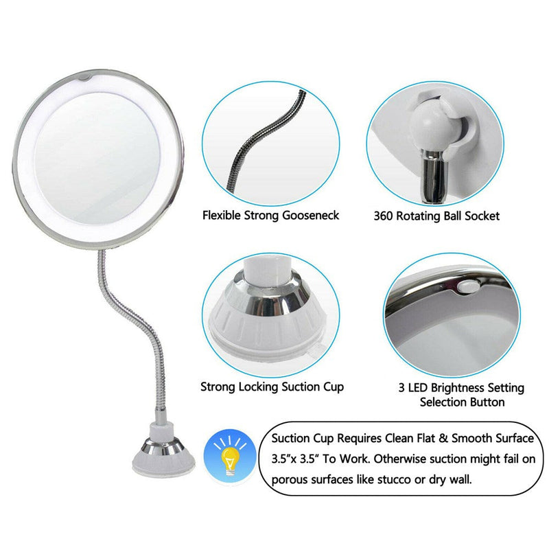 10x Espejo de maquillaje de cuello de cisne flexible con soportes de luz LED Succión de baño 7"