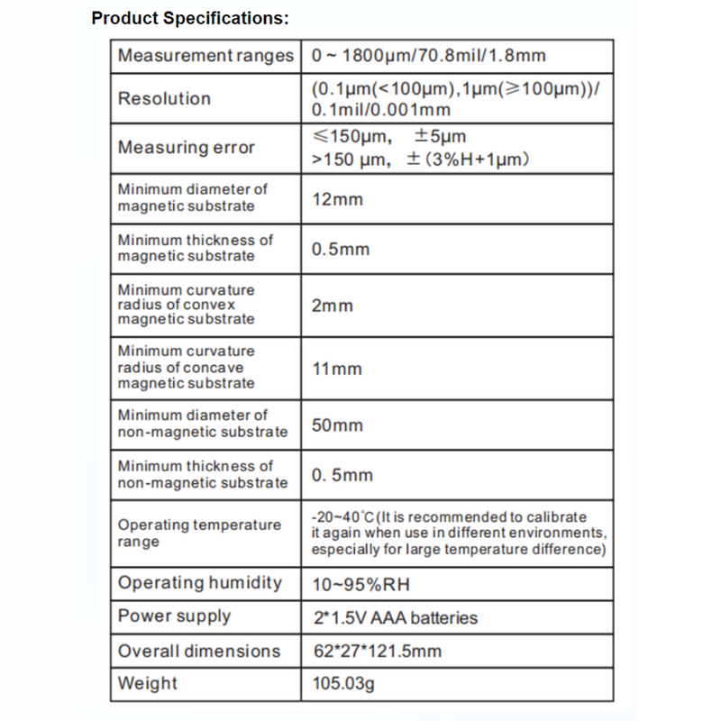 Medidor de profundidade digital para revestimento de tinta de carro Medidor de espessura medindo 0-1800μm