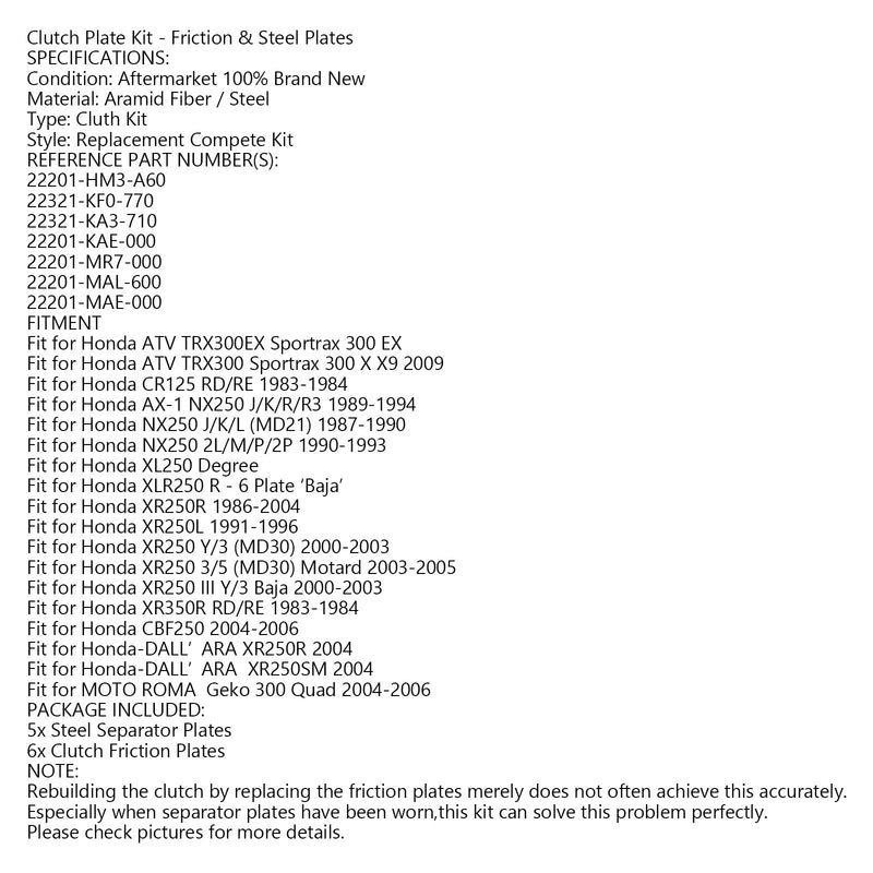 Clutchsett stål og friksjonsskiver egnet for Honda TRX300 CBF250 NX/XL250 XLR250 Generic