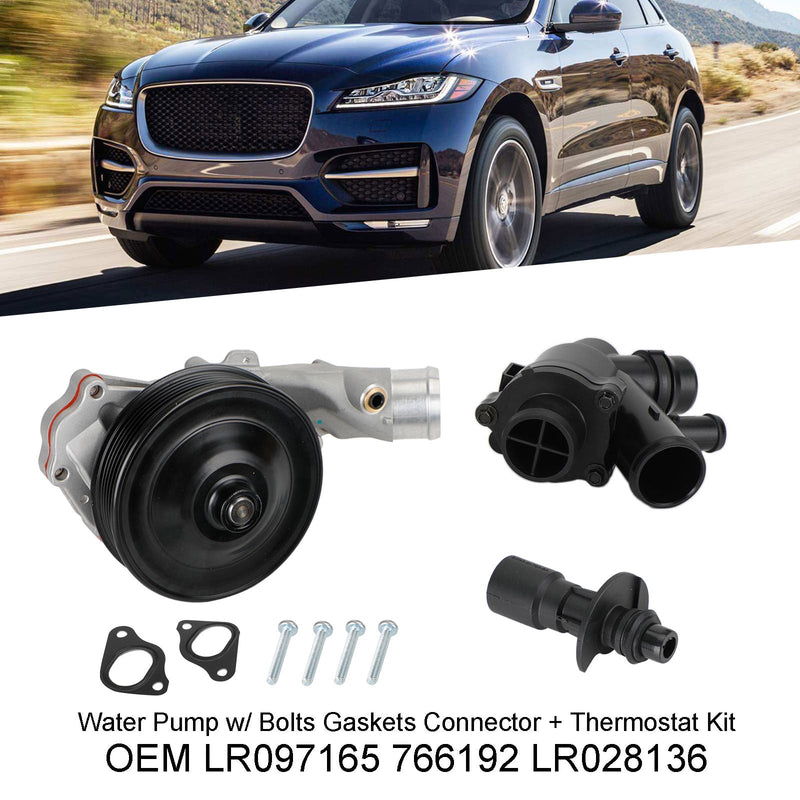 2010-2014 Jaguar XF 5.0L V8 XFR XFR-S Bomba de agua con pernos, juntas, tapones + kit de termostato