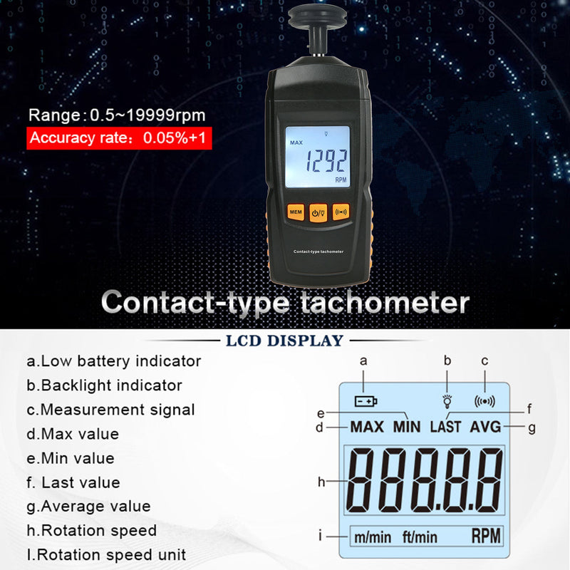 GM8906 Tacómetro de motor de contacto digital portátil LCD Tacómetro Tach RPM Tester