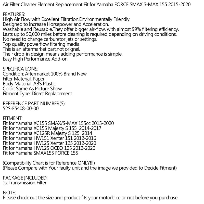 LUFTFILTERÖVERFÖRING Lämplig för Yamaha SMAX S-MAX 155 FORCE 15-20 52S-E5408-00 Generic