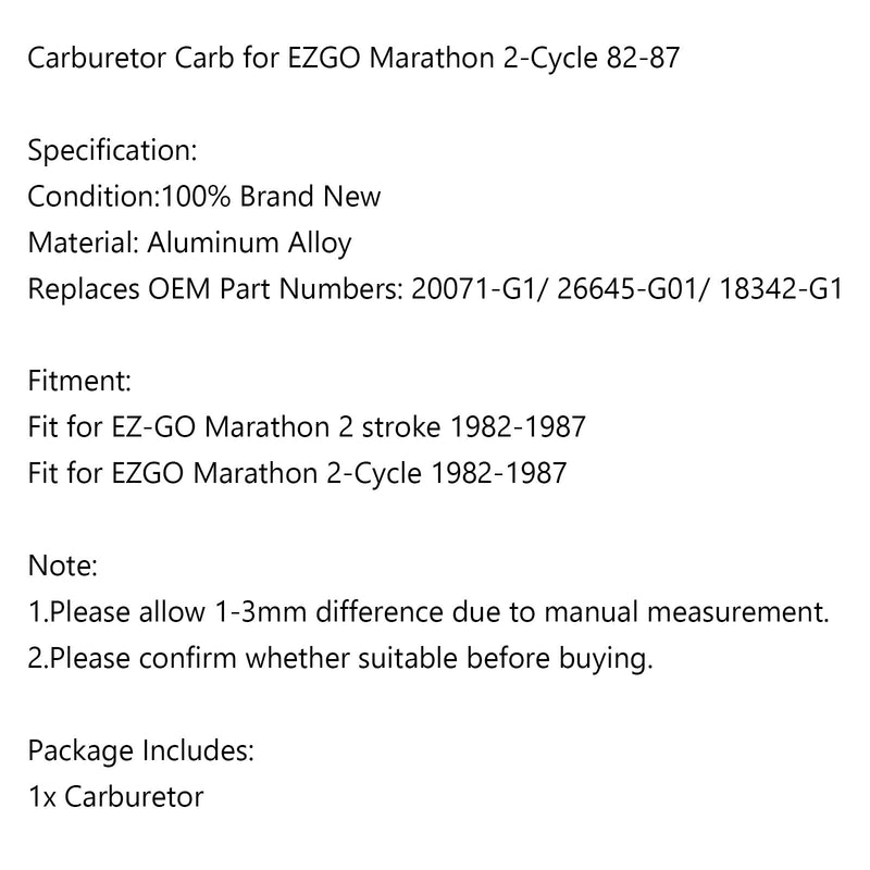 Carburador Carburador para carrito de golf EZGO Motor de 2 tiempos 1982-1987 Carburador 20071-G1 Genérico