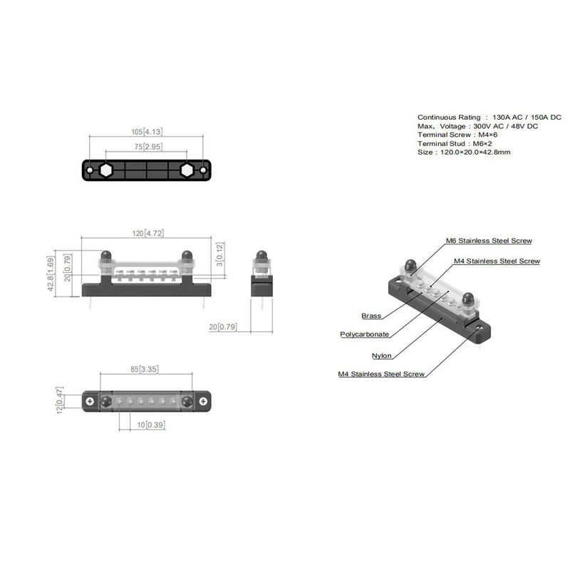 6-Wege-150-A-Verteilerklemmenblock für Auto-Marineboot-Halterabdeckung 48-V-Sammelschiene