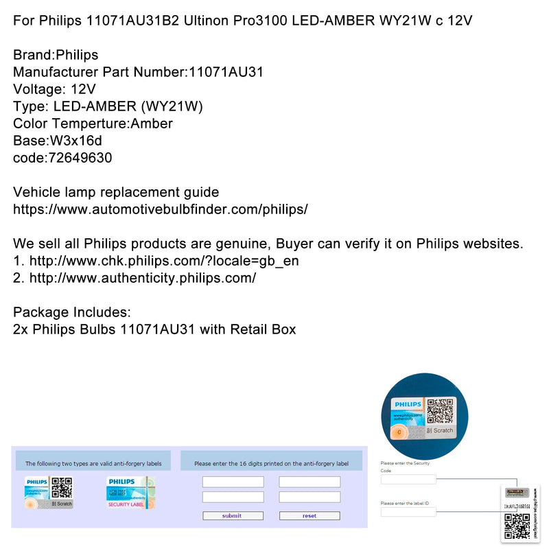 Para Philips 11071AU31B2 Ultinon Pro3100 LED ÂMBAR WY21W W3x16d 12V