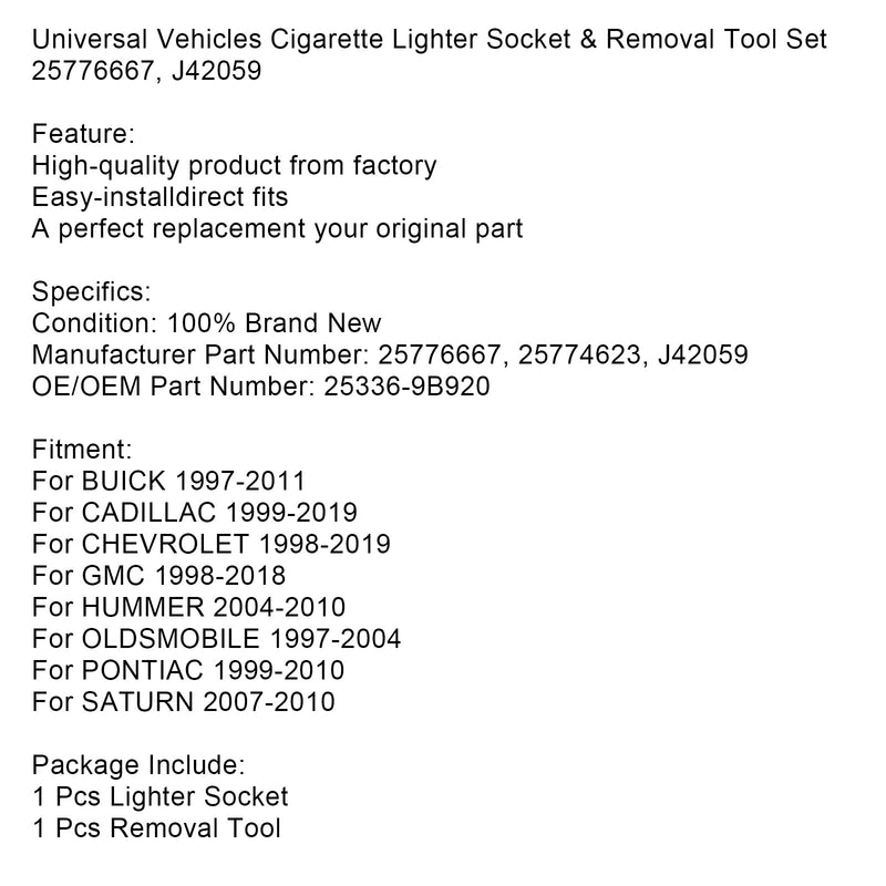 Kit de herramientas de extracción y enchufe para encendedor de cigarrillos para vehículos universales 25776667 J42059