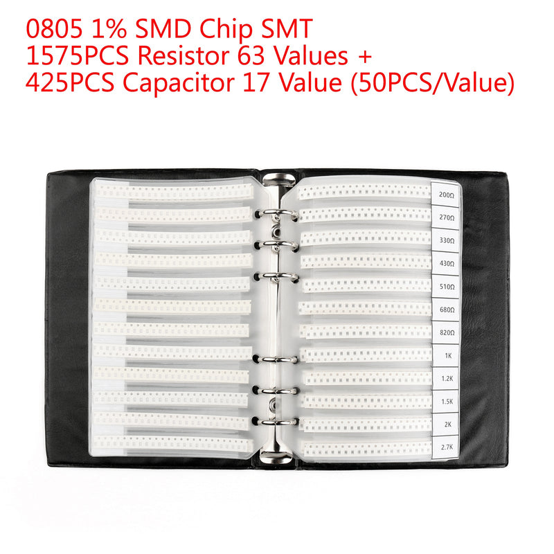 2000 stk 0805 1% SMD chip SMT motstand 63 verdier + kondensator 17 verdi prøvebok