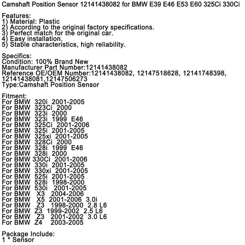 Nockenwellenpositionssensor 12141438082 für BMW E39 E46 E53 E60 325CI 330CI