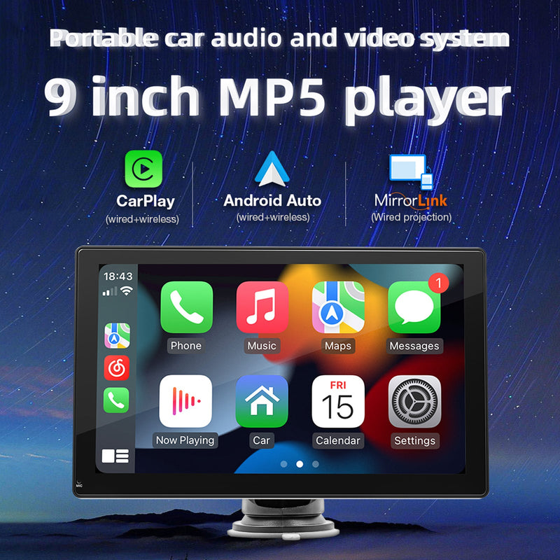 9 tums bil MP5-spelare Apple Carplay/Android Auto Bil Bluetooth Radio 4 LED-kamera