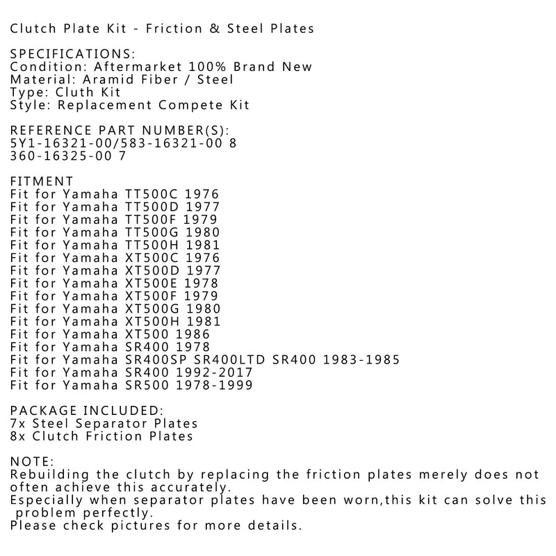 Clutchsett stål og friksjonsplater for Yamaha TT500 SR400 SR400SP SR500