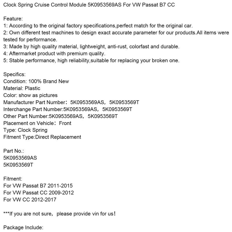 2011-2015 módulo de controle de cruzeiro da mola do pulso de disparo de VW Passat B7 5K0953569AS 5K0953569T