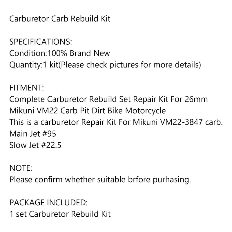 Zestaw naprawczy gaźnika do 26mm Mikuni VM22 Carb Dirt pitbike Jet