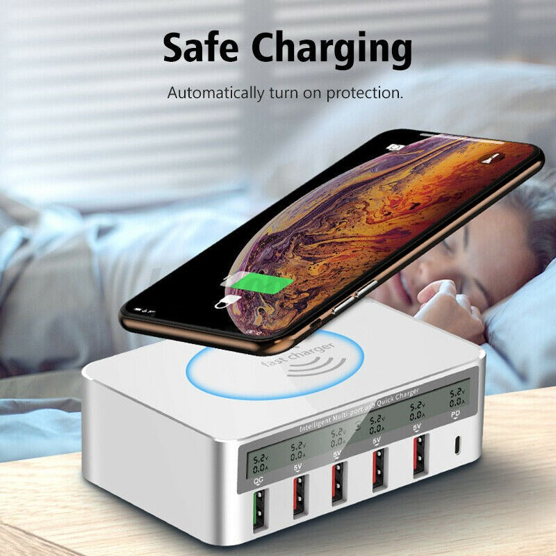 Multiport Quick USB Charger Station med trådlös laddningsplatta LCD-display EU