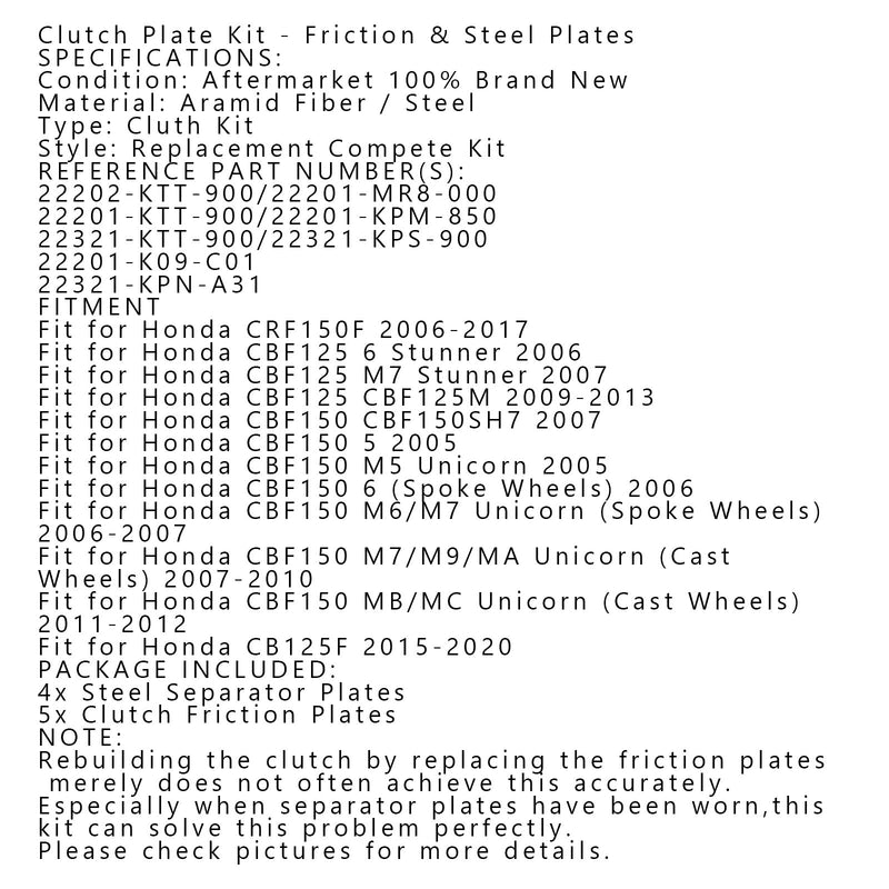 Clutchsett stål og friksjonsplater for Honda CBF125 CBF150 CRF150F CB125F