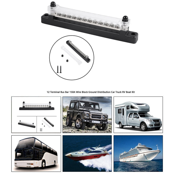 Barra de barramento de 12 terminais 150A Bloco de fio Distribuição terrestre Auto caminhão RV Barco Kit genérico