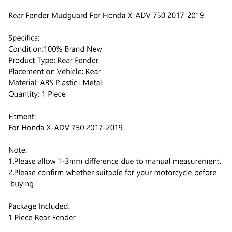 Bakhjulsdeksel Hjuldeksel Motorsykkelskjermskjerm for Honda X-ADV 750 2017-2023 Generisk