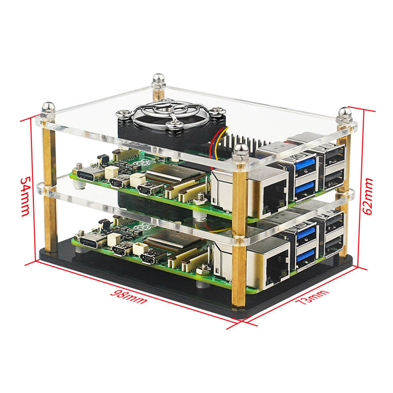 Raspberry Pi 5 Invólucro acrílico multicamadas, caixa protetora transparente, ventilador