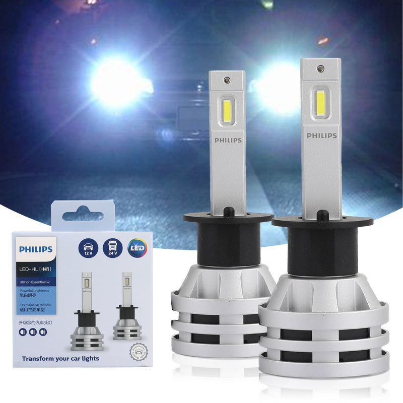 Un paquete de 2 bombillas LED Philips H1 para faros delanteros de automóvil - 12 V/24 V - 6500 K proporciona una luz brillante