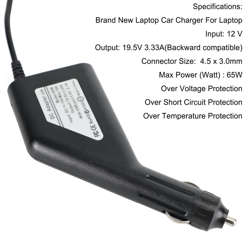 Carregador adaptador de energia para carro 65 W para notebook Dell 4,5 x 3,0 mm 19,5 V 3,33 A