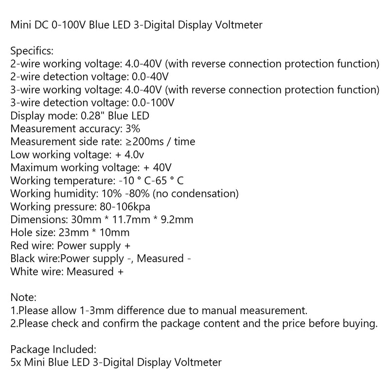 5x Mini DC 0-30V LED azul Painel de voltímetro de tensão de exibição digital de 3 pode ser calibrado