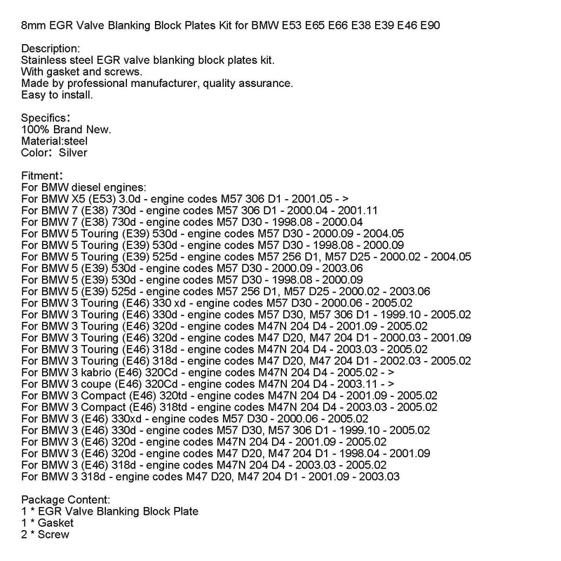 8mm EGR-ventil blindplatesett for BMW E53 E65 E66 E38 E39 E46 E90 Generisk