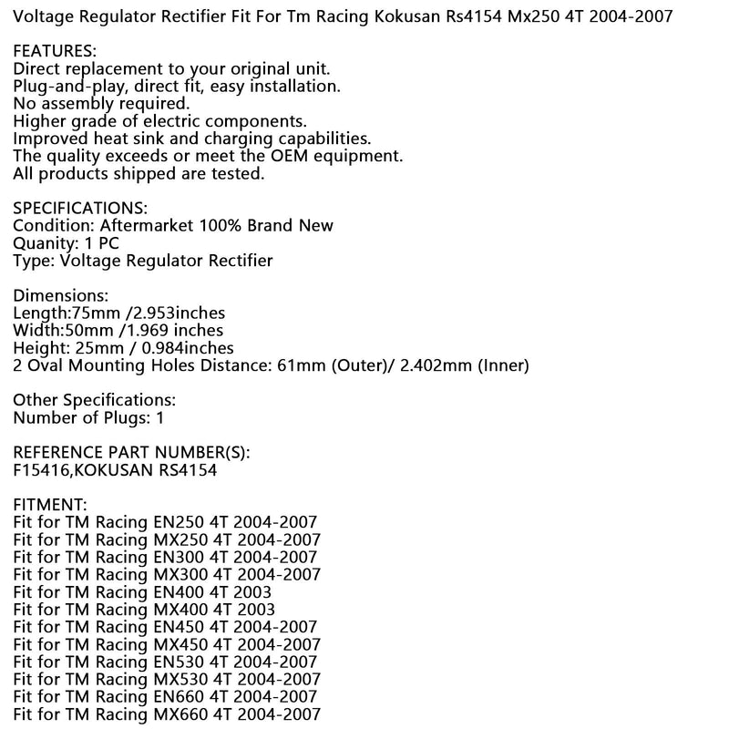 Spannungsreglergleichrichter passend für Tm Racing Kokusan Rs4154 Mx250 4T 2004–2007 Generic