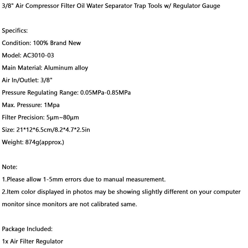 3/8" Filtr sprężarki powietrza Separator oleju i wody Narzędzia do łapania ze wskaźnikiem regulatora
