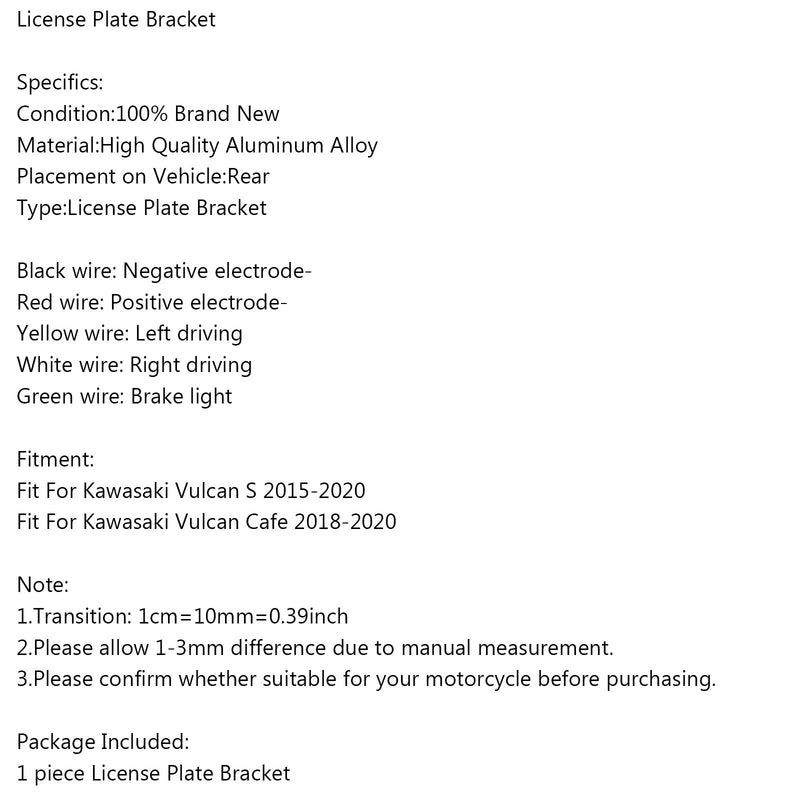 Soporte de marco de soporte de matrícula adecuado para Kawasaki Vulcan S / Cafe 2015-2020 Genérico