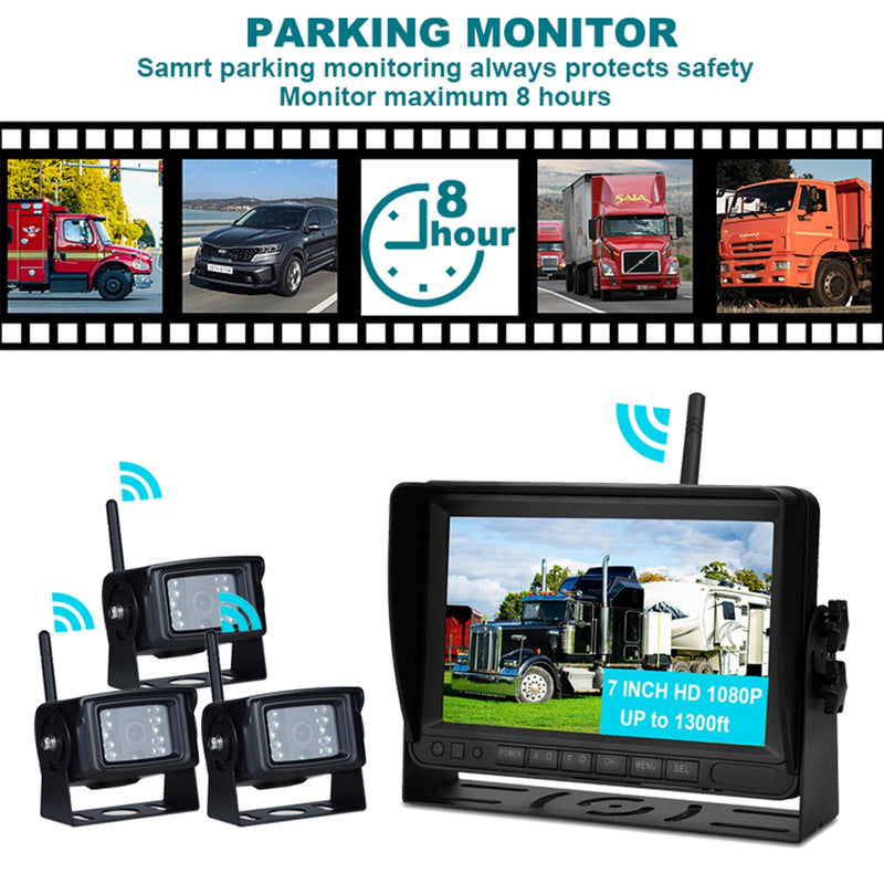 7-Zoll-Display AHD 1080P Wireless 3CH Rückfahrkamera-Set für LKW-Anhänger