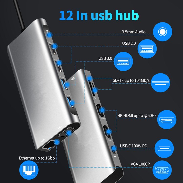 12 tuumaa 1 Type-C Hub - USB-C USB3.0 HD TF TF 3,5 mm PD Converter telakointisovitin