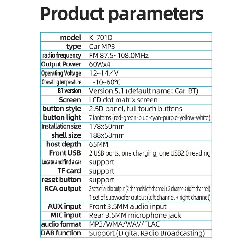 2.5D pekskärm 1DIN Bluetooth Stereo Radio FM Bil MP3-spelare med DAB