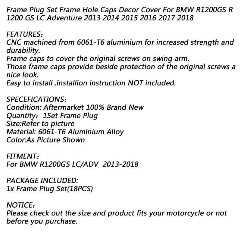 18x CNC ALUMINIO LATERAL FRAME TAMP PLUGS Adequado para BMW R1200GS 2013-2019 Genérico
