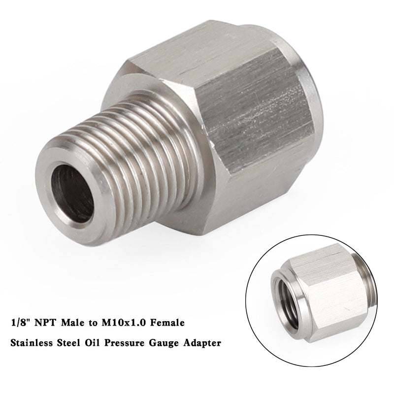 1/8" NPT hann til M10x1.0 hun rustfritt stål oljetrykkmåleradapter