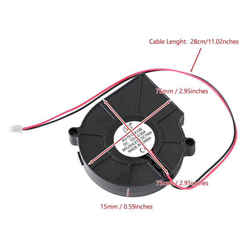 2-pins børsteløs likestrømskjølevifte 12V 0,3A 7515B 75x75x15mm