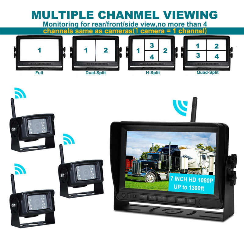 7-Zoll-Display AHD 1080P Wireless 3CH Rückfahrkamera-Set für LKW-Anhänger