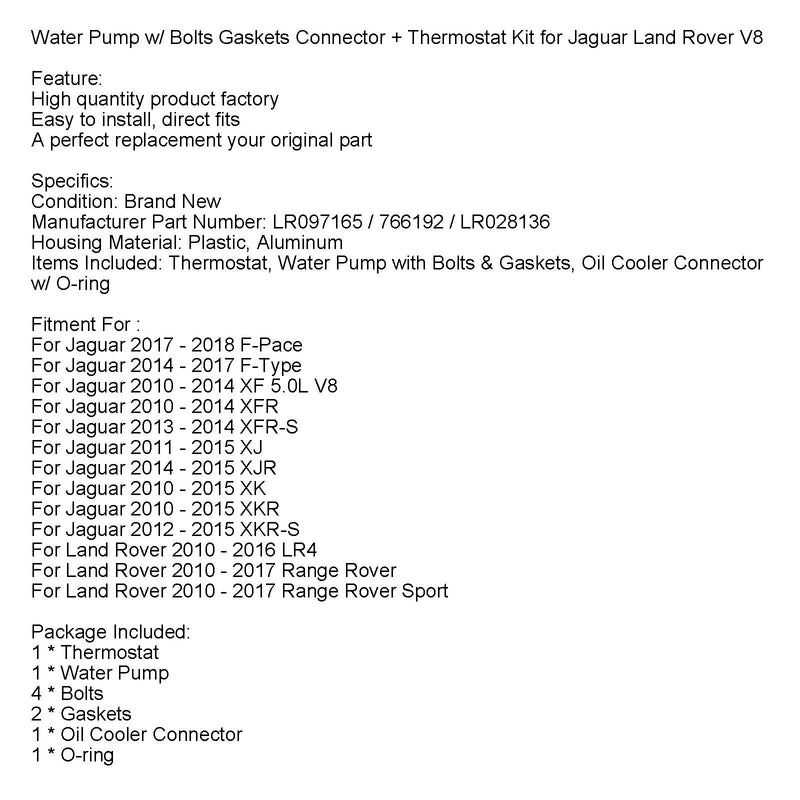 Jaguar 2011–2015 XJ Wasserpumpe mit Schrauben, Dichtungen, Stecker + Thermostat-Kit