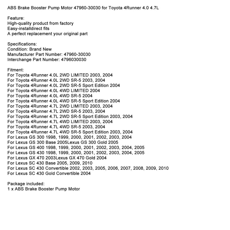 2003 Lexus GX 470 / 2004 Lexus SC 430 GX 470 Gold ABS-jarrutehostimen pumpun moottori 47960-30030 Fedex Express