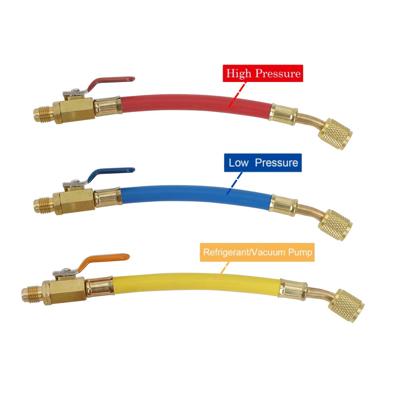 3 válvulas de bola SAE de 1/4 pulgadas R134A R410A, juego de manguera de carga para refrigeración de CA