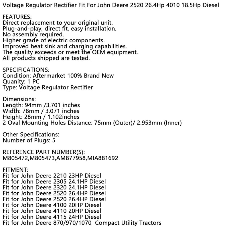 Regulador retificador se encaixa John Deere Am877958 2210 23hp 2320 24,1hp diesel genérico