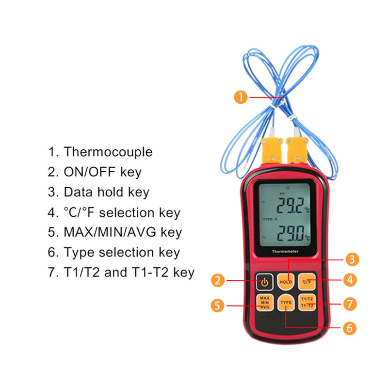 Cyfrowy termometr z termoparą, dwukanałowy tester miernika temperatury LCD