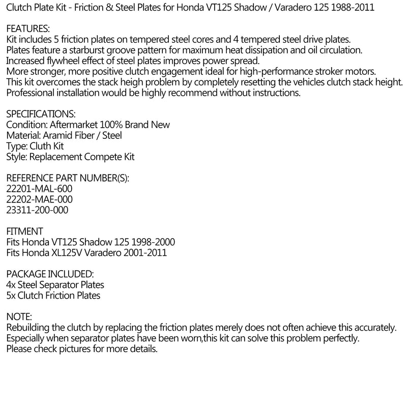 Clutchsett stål & friksjonsskiver for Honda VT125 Shadow / Varadero 125 88-2011 Generisk