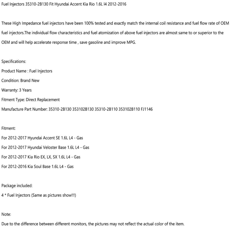 4 inyectores de combustible 35310-2B130 aptos para Hyundai Accent Kia Rio 1.6L l4 2012-2016