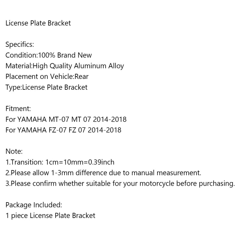 Kennzeichenhalterhalterung für YAMAHA MT-07 FZ-07 MT07 FZ07 2014-2018 Generic